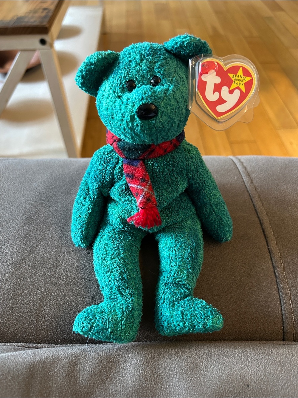 Ty Teal Plush Teddy Bear with Red Plaid Scarf
